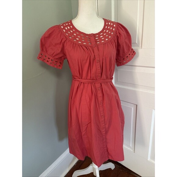 Elle Coral Peach Eyelet Cotton Button down Smock Dress Size small - Picture 1 of 6